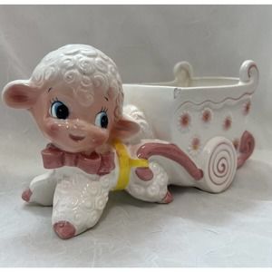 VINTAGE RUBENS ORIGINALS Big Eyes LAMB w Cart Planter JAPAN/ Pink Baby